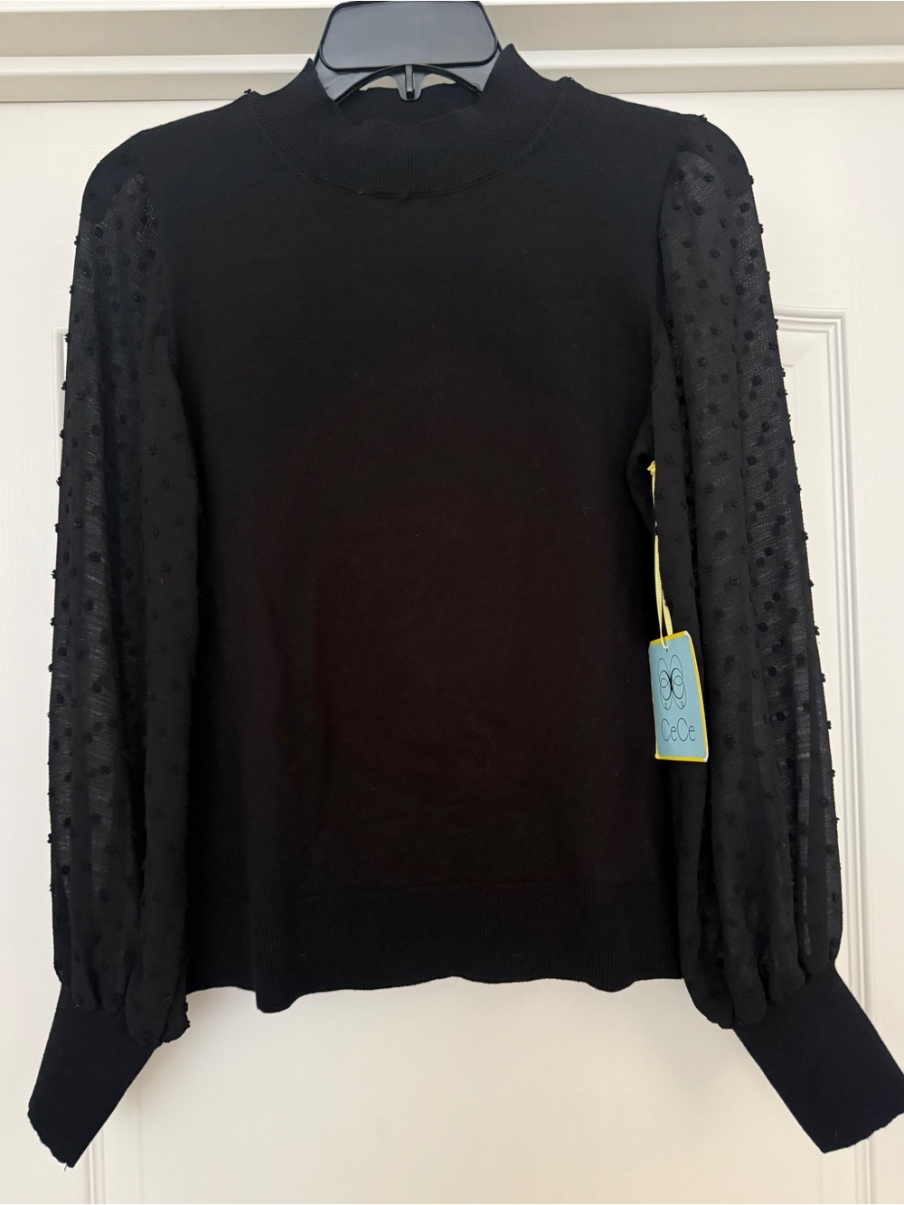 CeCe Black Mock Neck Top W/Black Sheer Balloon Sleeves  Women's Size - Small
